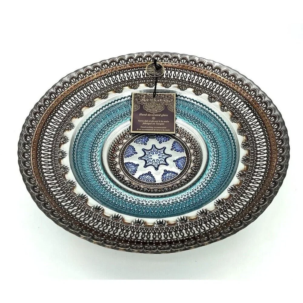 Turkish Glass Round Bowl Dinner Blue Silver Brown Lace Print 13.5